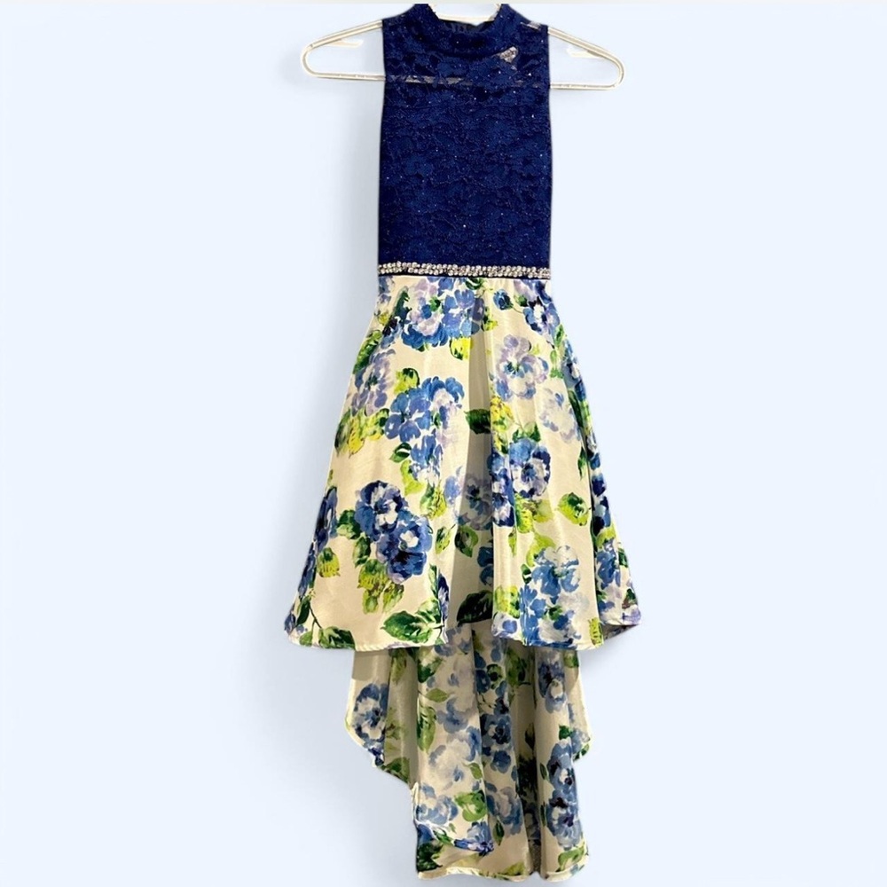 Floral High-Low Dress with Blue Lace Top